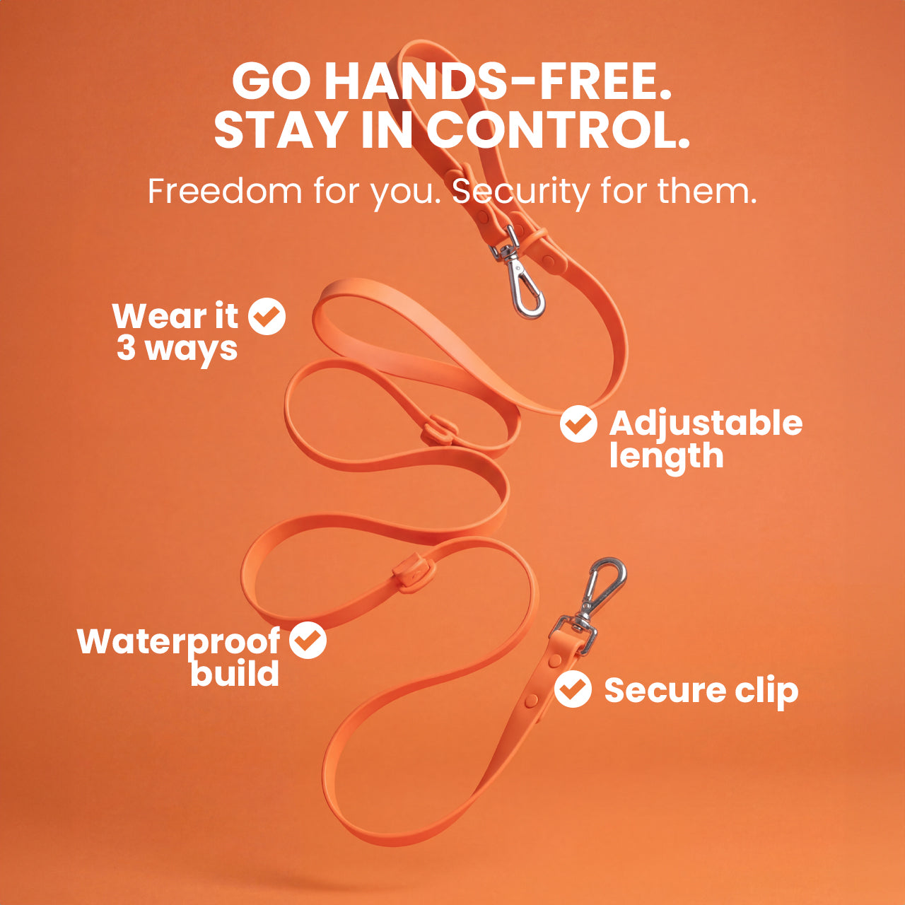 Orange dog leash with features on an orange background