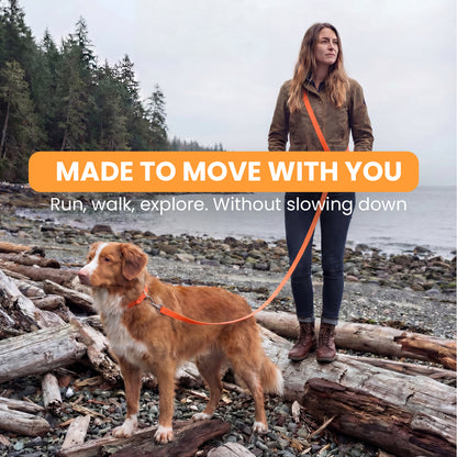 Woman and dog on a leash standing on a rocky beach with text overlay.