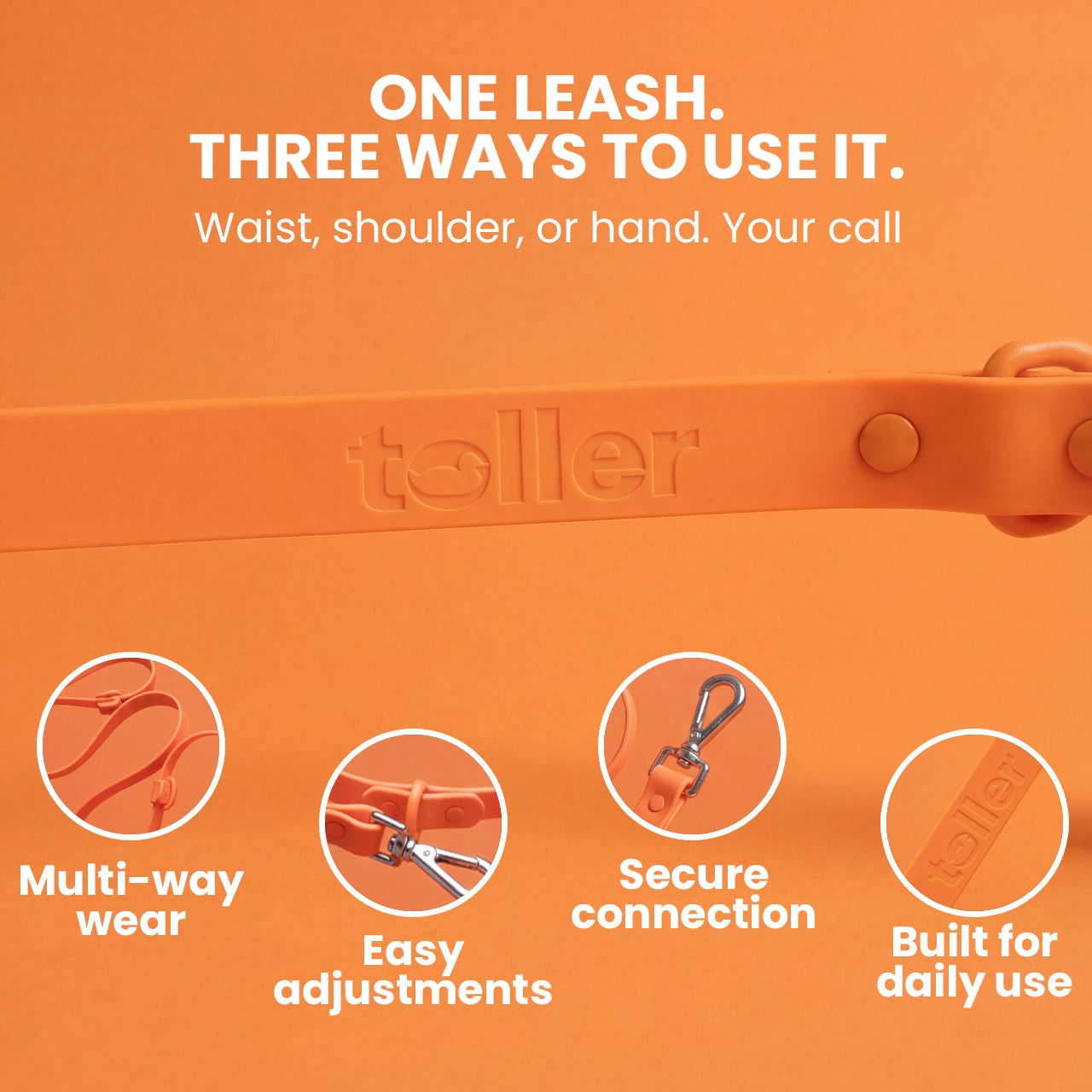 Orange leash with features and text on an orange background
