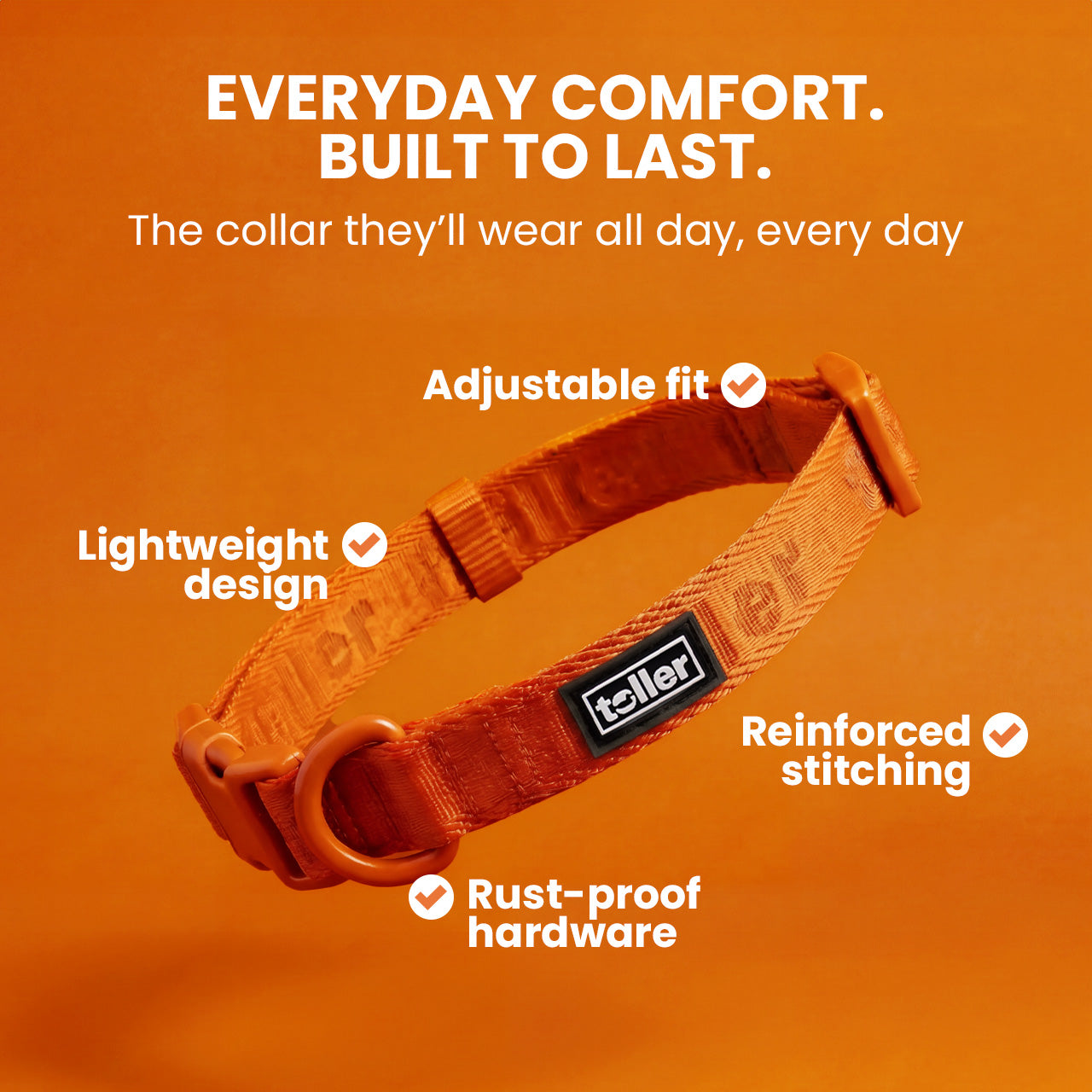 Brown dog collar with Toller brand on an orange background, featuring text about collar features.
