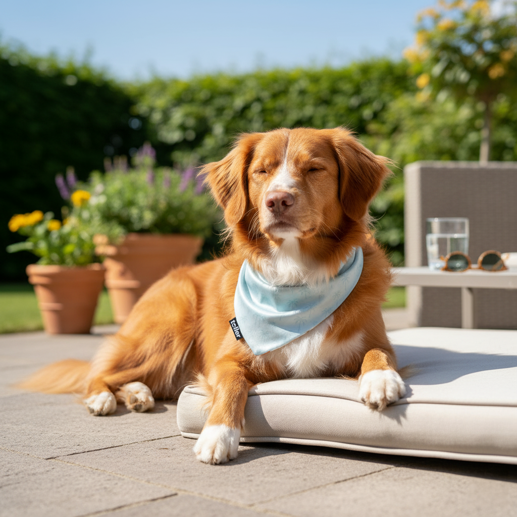 Dog wearing a blue bandana sitting on a cushion outdoors with plants and furniture in the background.