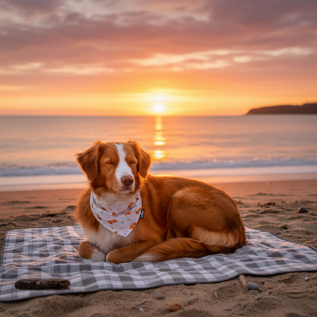 Dog sitting on a blanket at sunset on a beach