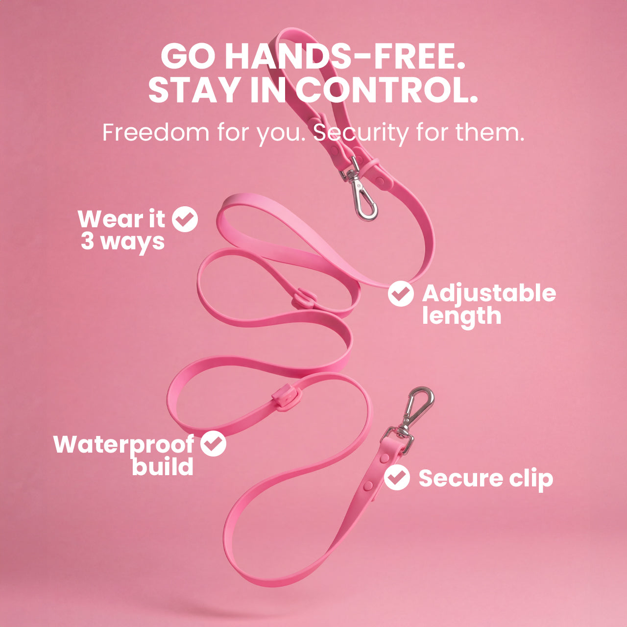 Pink dog leash with features on a pink background