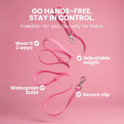Pink dog leash with features on a pink background