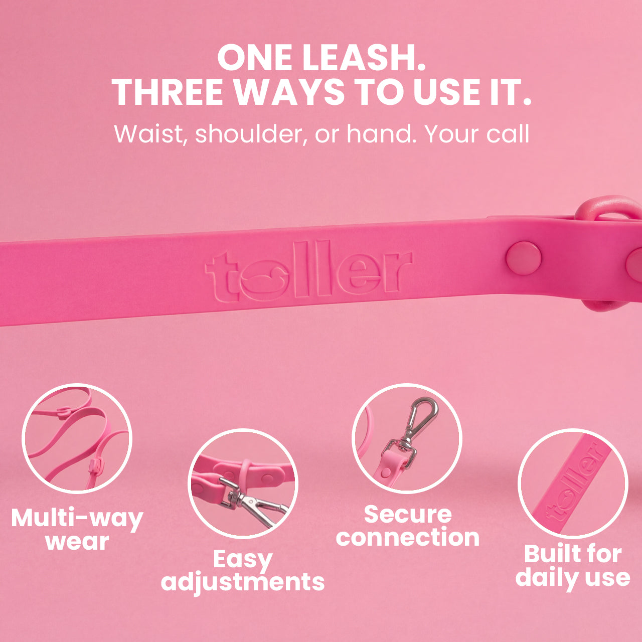 Pink dog leash with features on a pink background