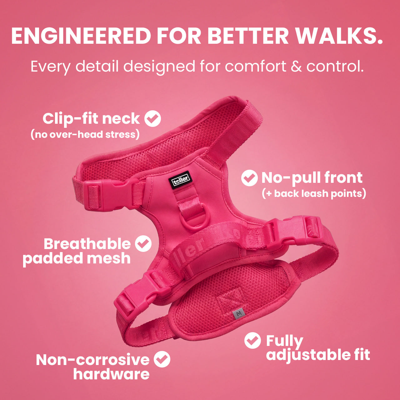 Pink dog harness with features listed on a pink background