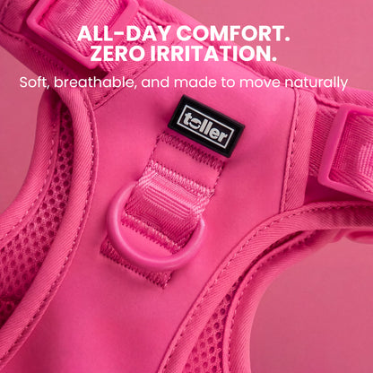 Pink dog harness with 'toller' brand label on a pink background, featuring text about comfort and irritation.