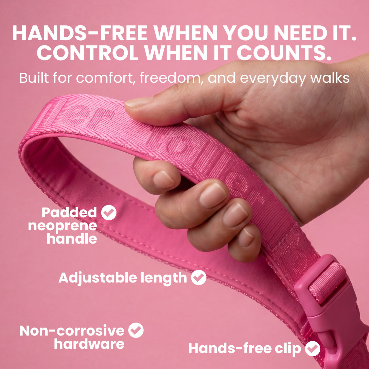 Pink dog leash held by a hand with text highlighting features on a pink background