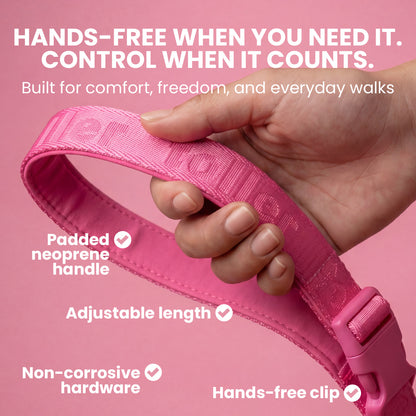 Pink dog leash held by a hand with text highlighting features on a pink background