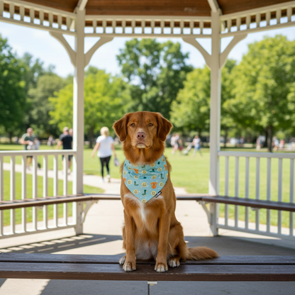 Dog sitting on a gazebo in a park with people in the background