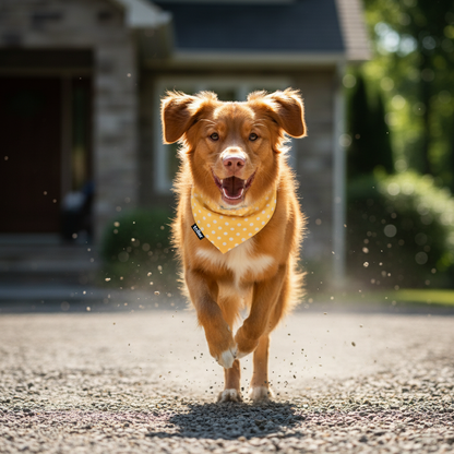 Dog running on a path with a house in the background