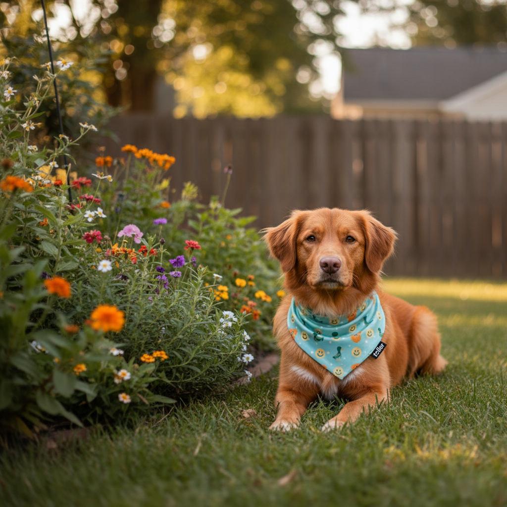Dog sitting in a garden with flowers and a wooden fence in the background