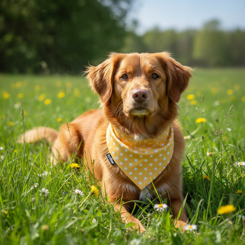 Dog wearing a yellow bandana in a grassy field with flowers