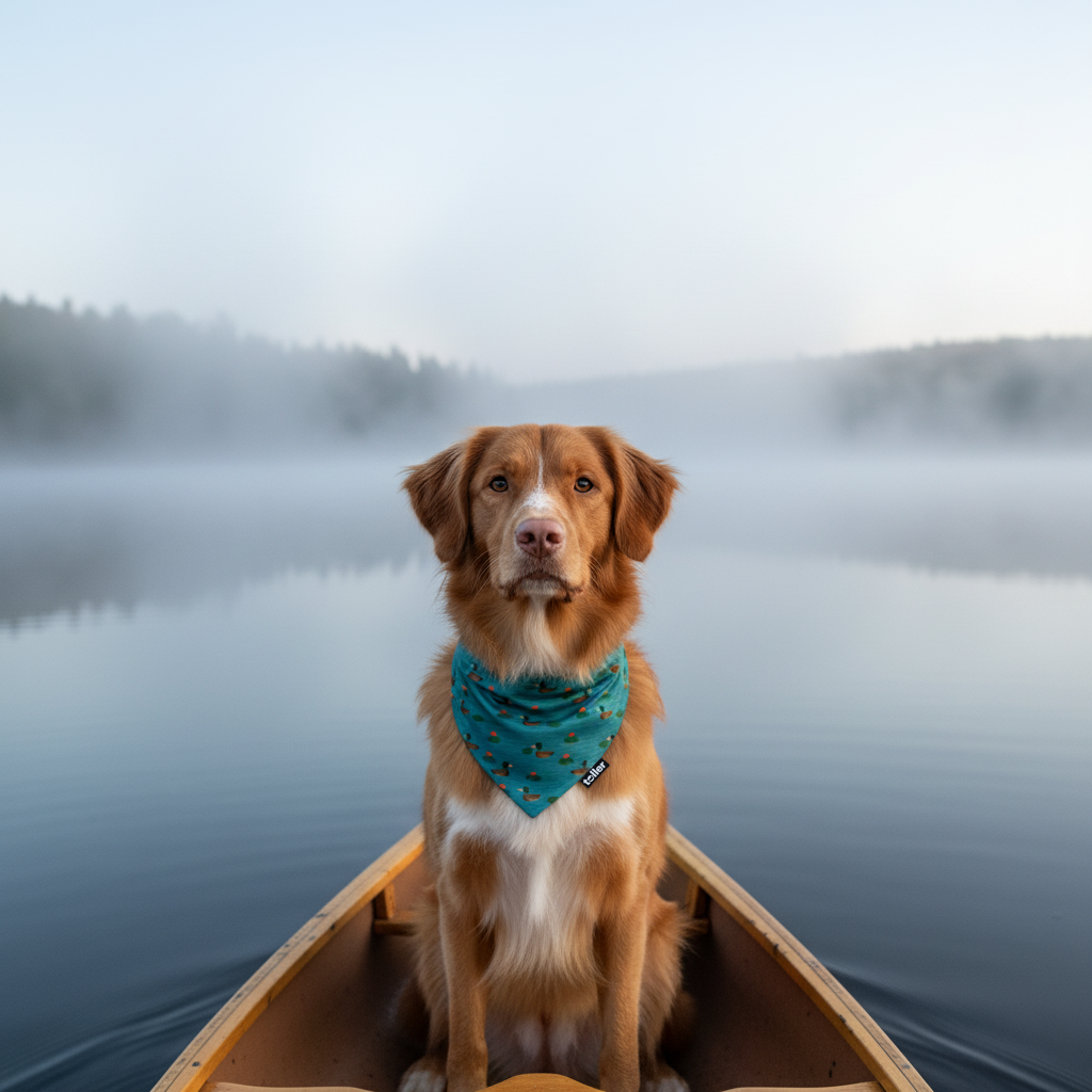 Dog wearing a blue bandana sitting in a canoe on a calm lake with misty background