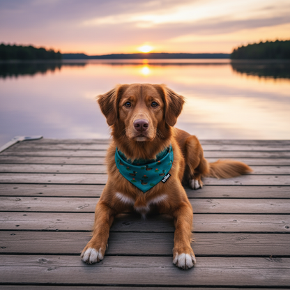 Dog sitting on a wooden dock by a lake with a sunset in the background