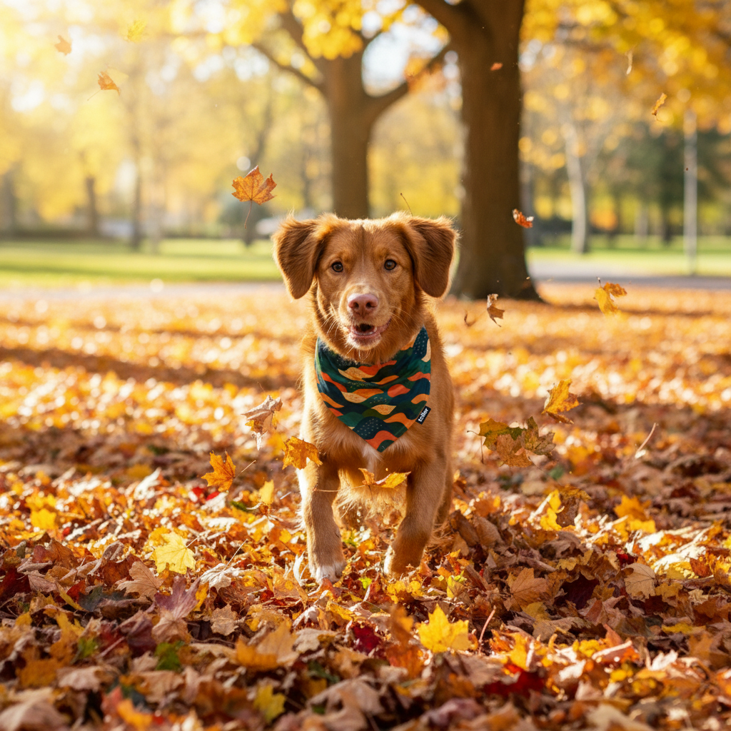 Dog running through autumn leaves in a park
