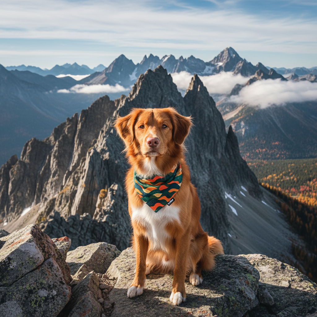 Dog sitting on a mountain peak with a colorful bandana, surrounded by rocky terrain and distant mountains.
