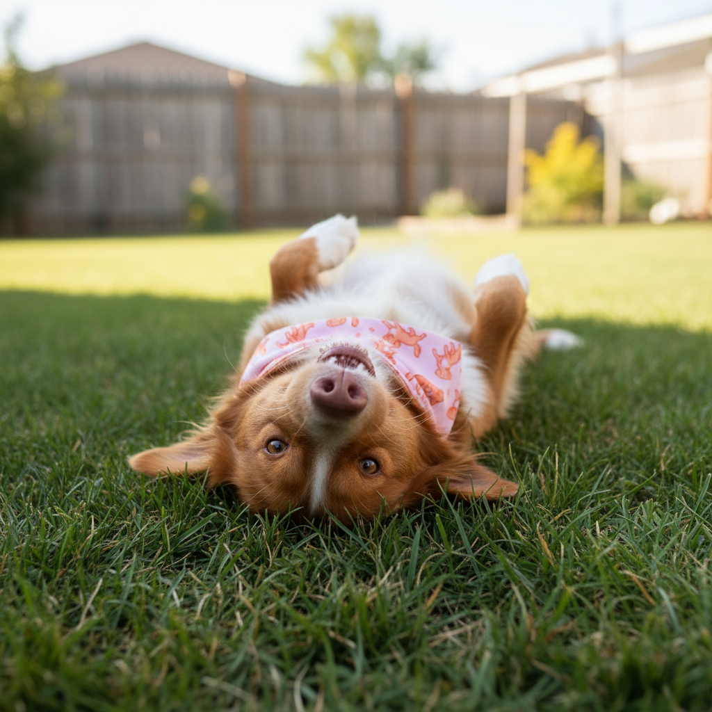 Dog lying on its back in a grassy yard with a pink bandana