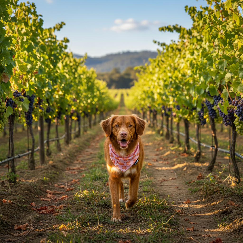 Dog running through a vineyard with rows of grapevines and mountains in the background.