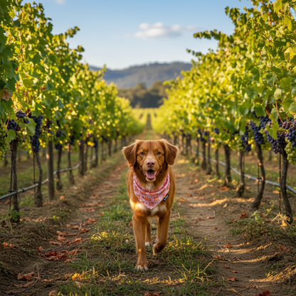 Dog running through a vineyard with rows of grapevines and mountains in the background.