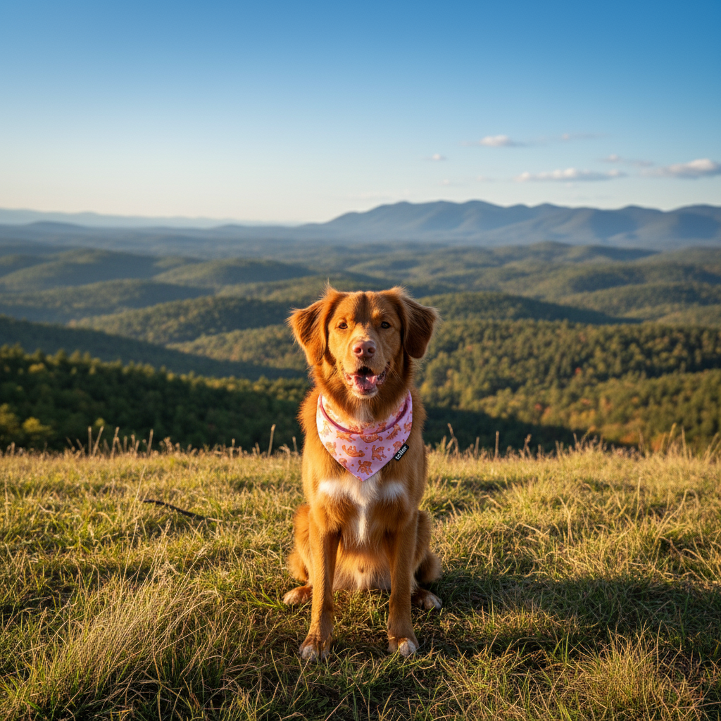 Dog sitting on a grassy hill with a scenic view of mountains and trees in the background