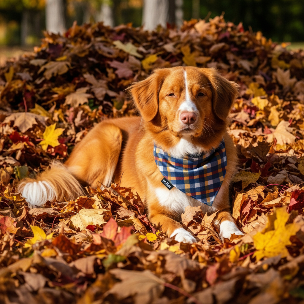 Dog sitting in a pile of autumn leaves wearing a plaid bandana.