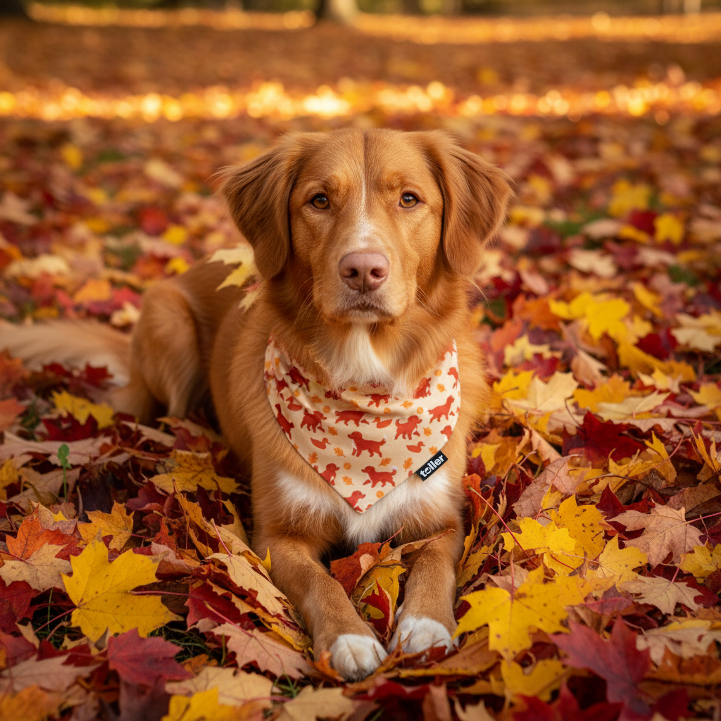 Dog sitting in a pile of autumn leaves wearing a bandana with a brand logo.