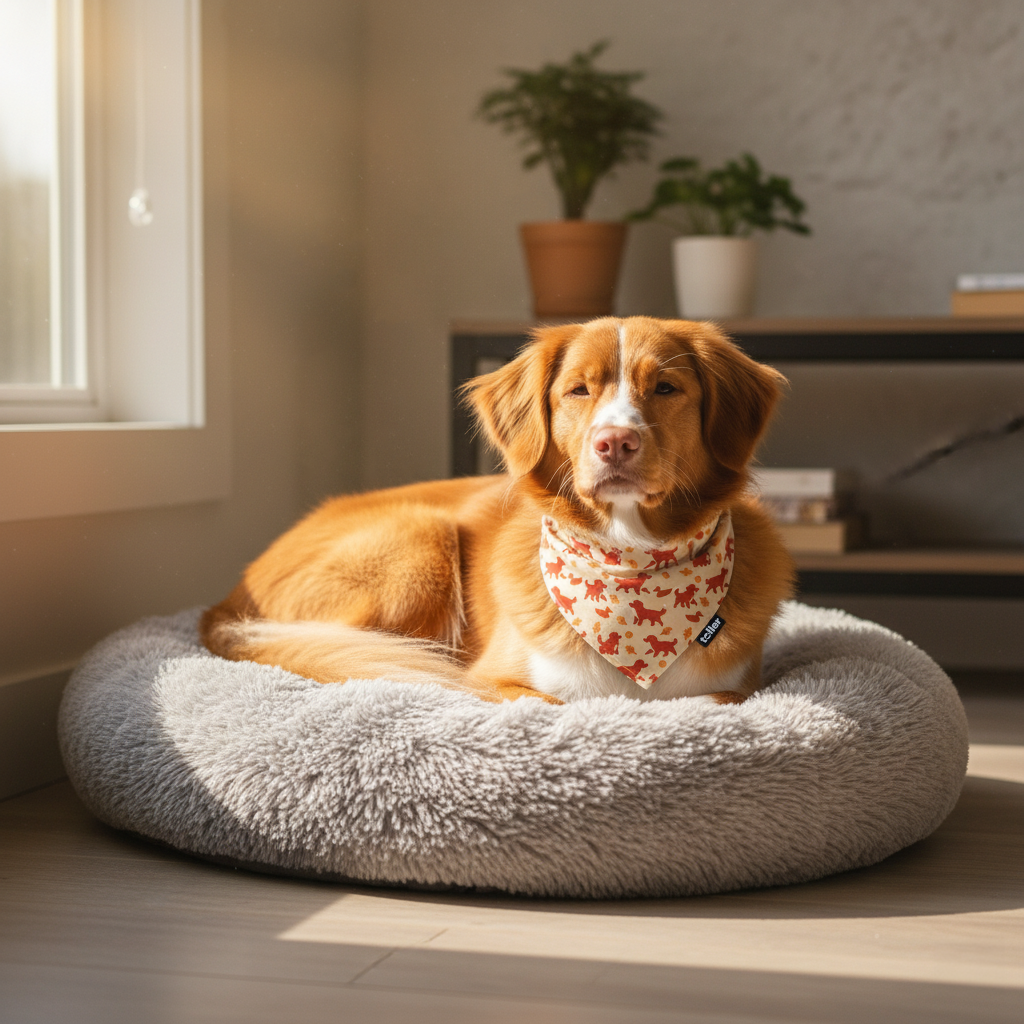 Dog lying on a fluffy pet bed in a cozy room with plants and furniture.