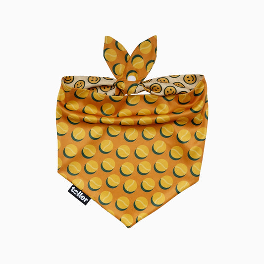 Dog bandana with tennis ball pattern.