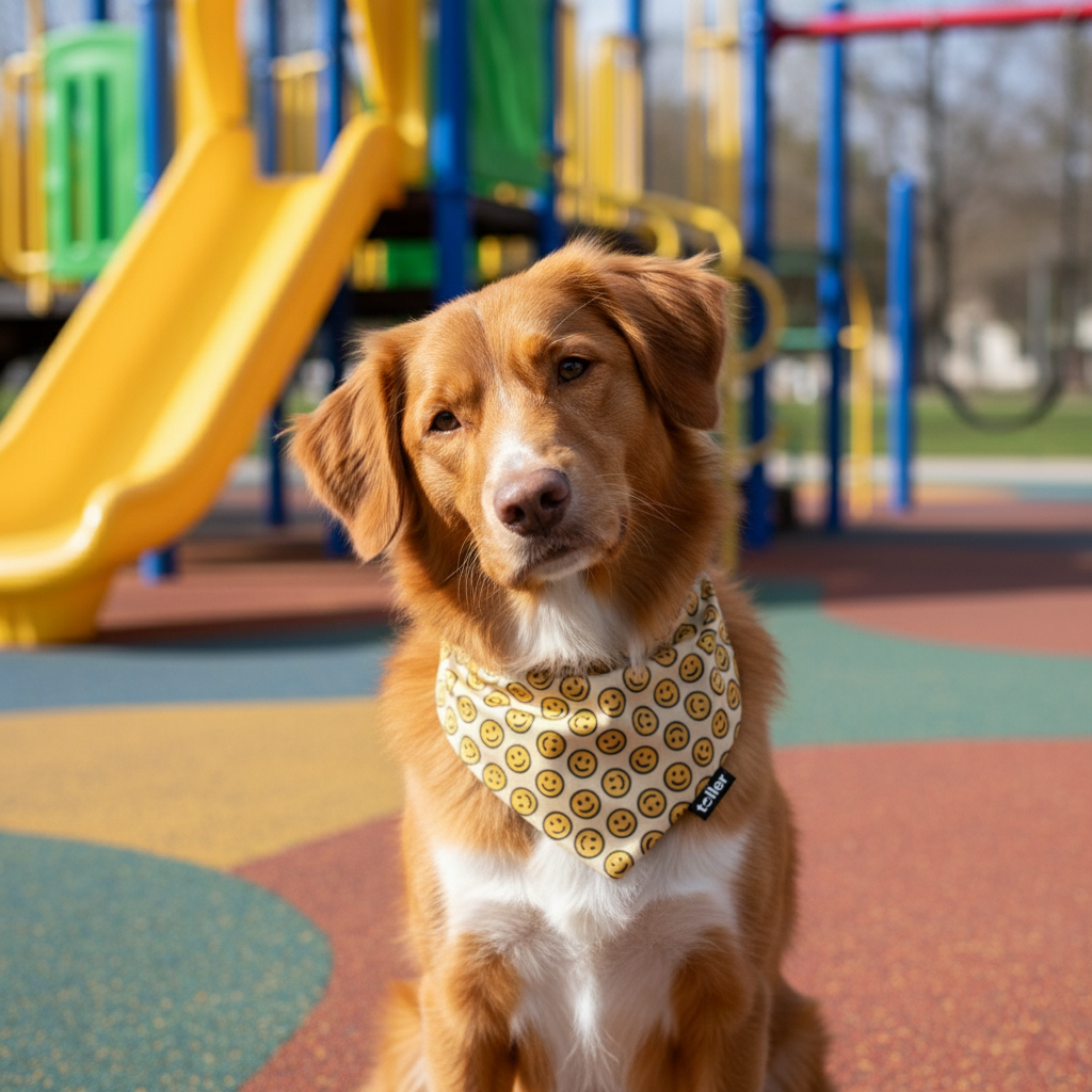 Dog wearing a bandana in front of a playground with slides and equipment.