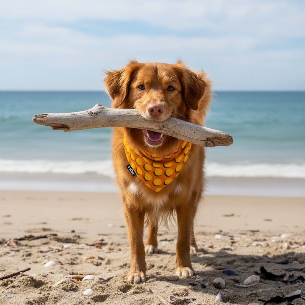 Dog on a beach holding a stick with ocean in the background