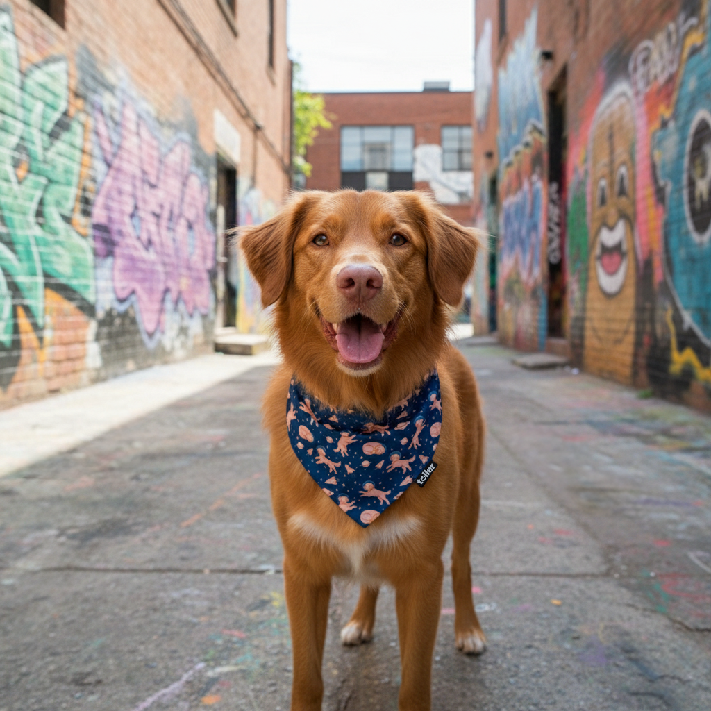 Dog with a blue bandana standing in an alley with colorful graffiti.
