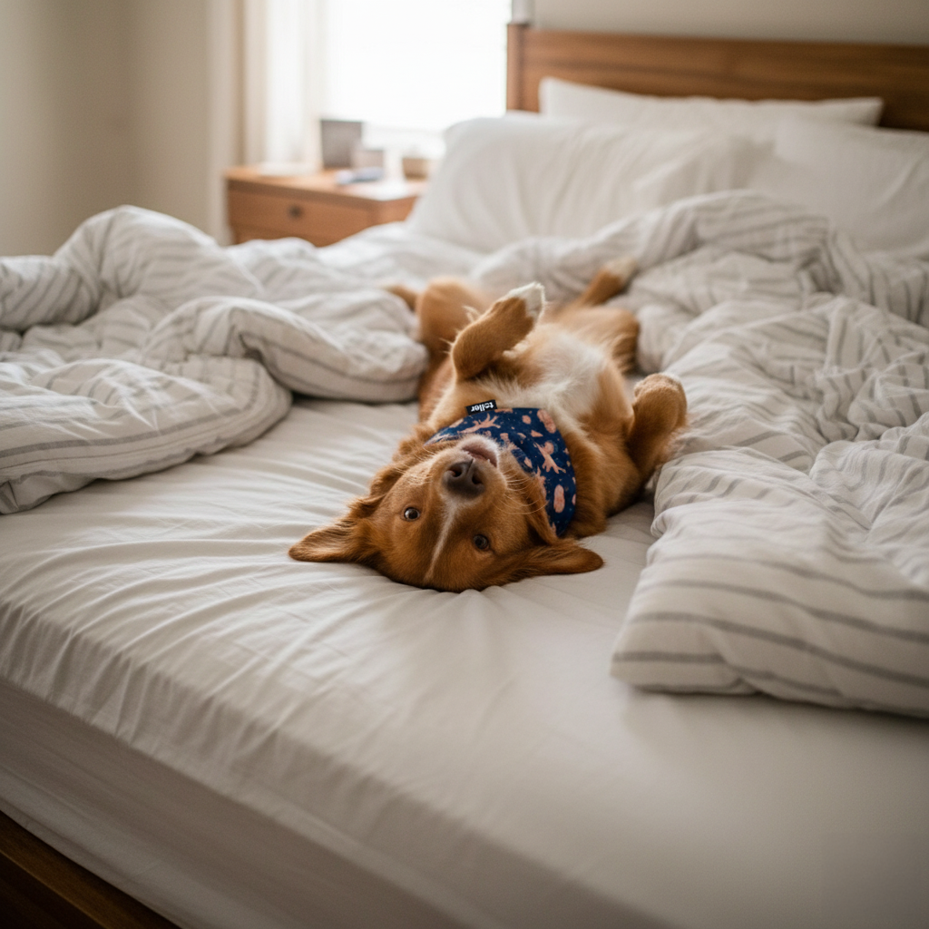 Dog lying on a bed with white bedding and wooden headboard