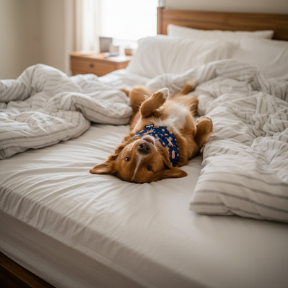 Dog lying on a bed with white bedding and wooden headboard