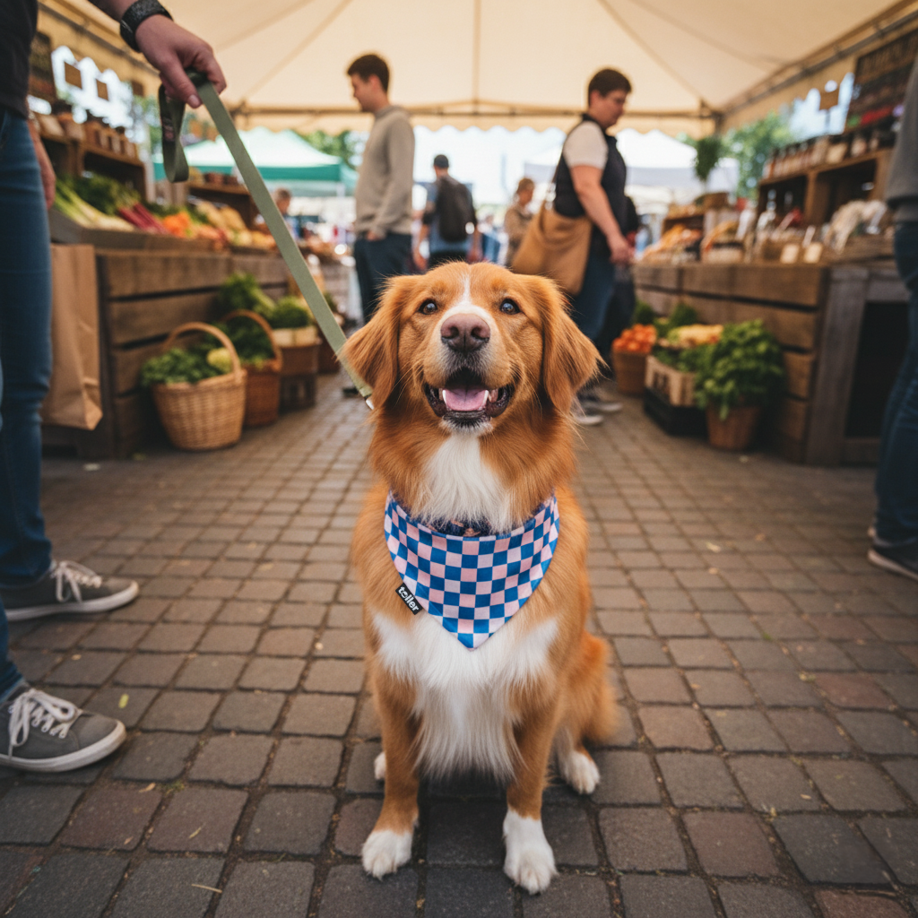 Dog wearing a checkered bandana at an outdoor market