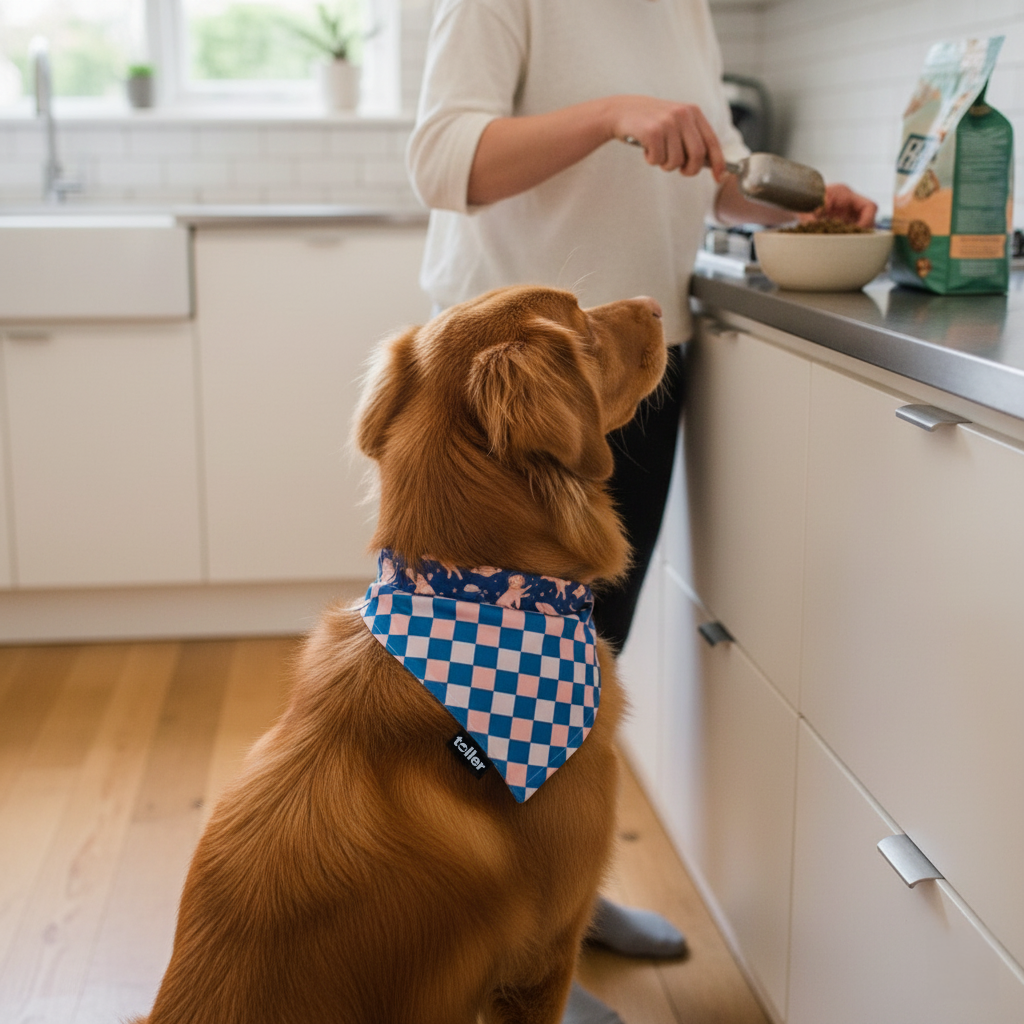 Dog wearing a checkered bandana sitting on a kitchen floor, looking up at a person preparing food.