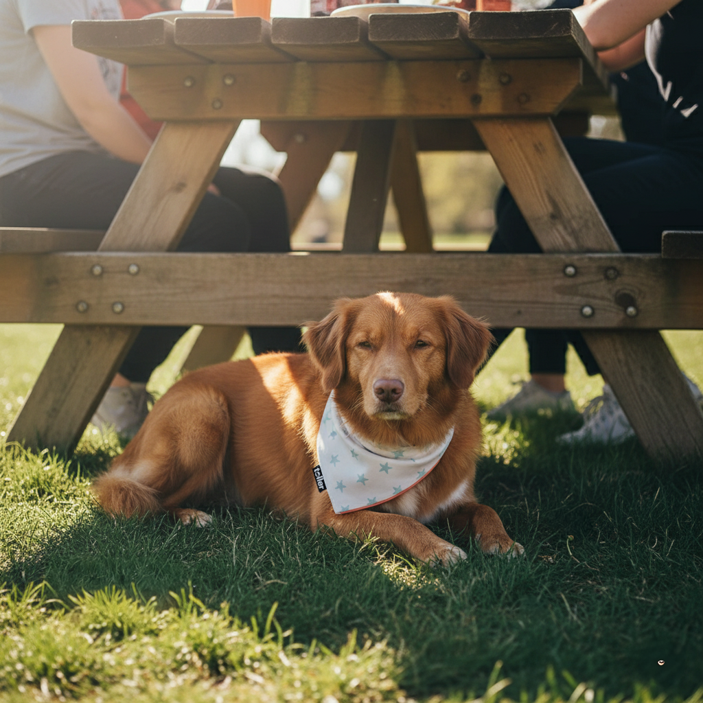 Dog lying on grass under a wooden picnic table with people sitting at it.