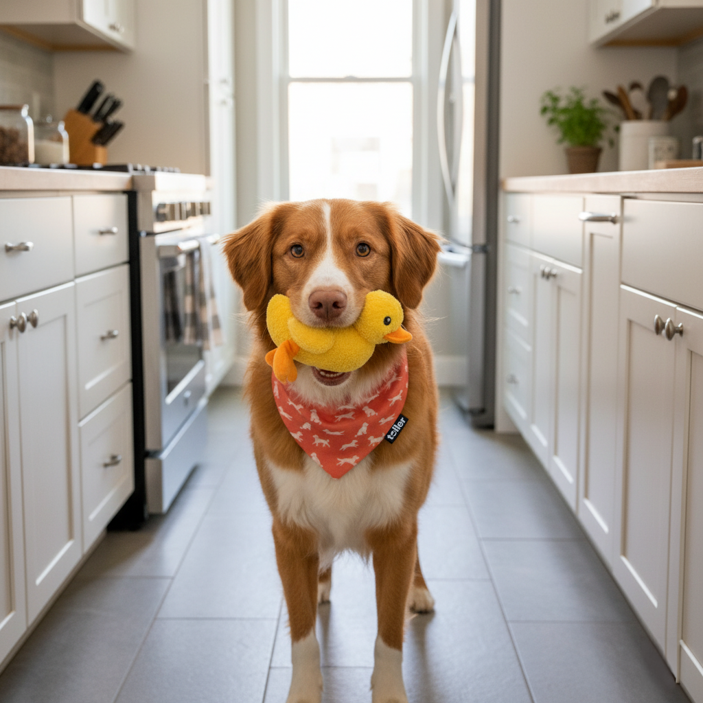 Dog holding a yellow rubber duck toy in a kitchen