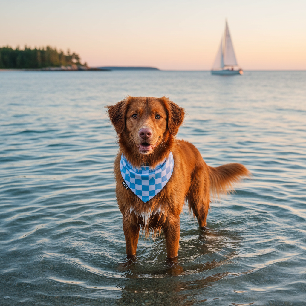 Toller dog in water wearing bandana