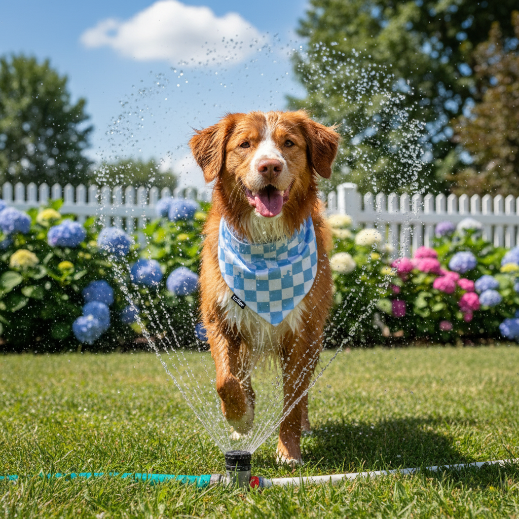 toller dog wearing bandana in sprinkler