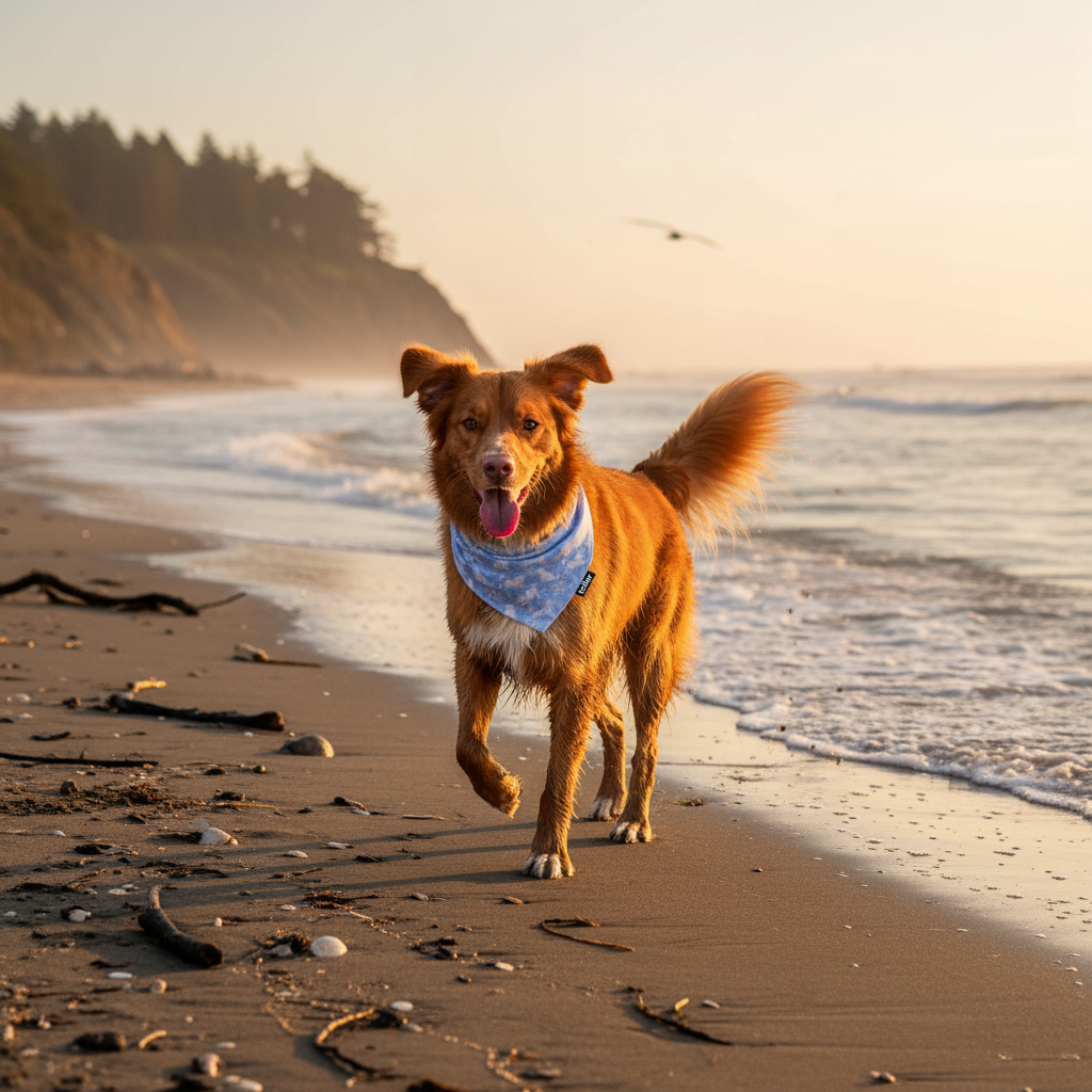 Dog running on a beach with sunset in the background