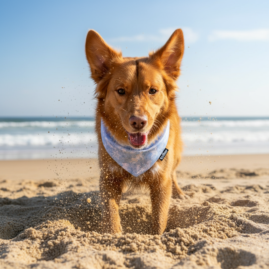dog wearing bandana digging in sand