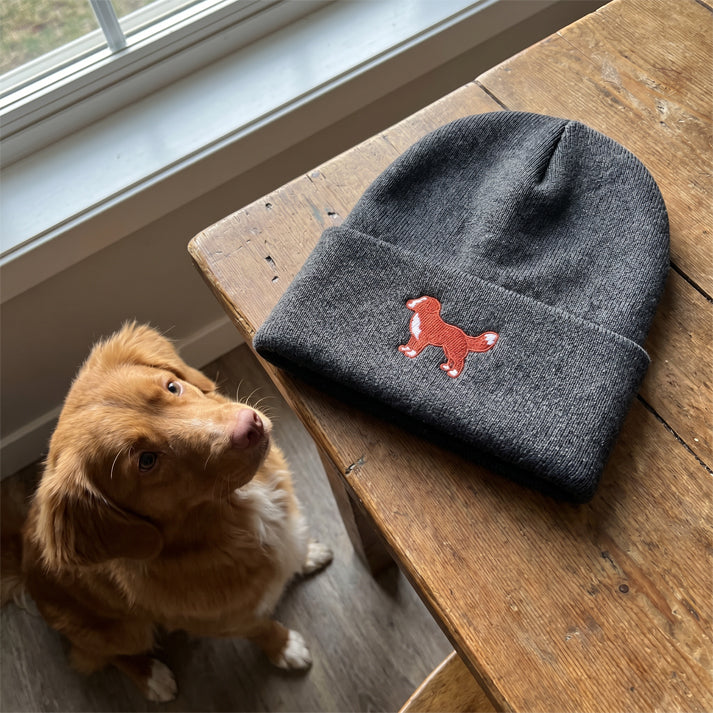 Gray beanie with a red dog emblem on a wooden table next to a brown dog.