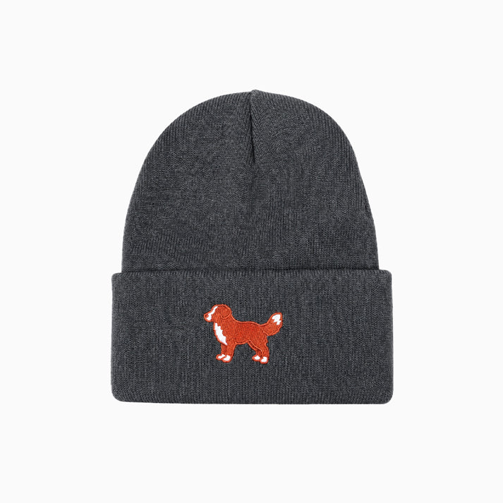Gray beanie with a red dog illustration on a white background