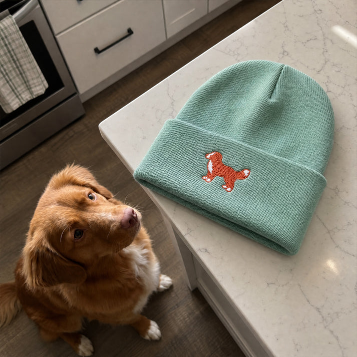 Green beanie with a dog design on a kitchen counter next to a brown dog.