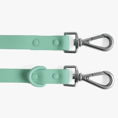 Two mint green dog leashes with metal clasps on a white background