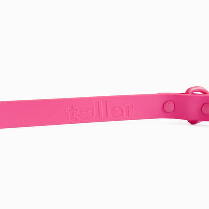 Pink dog collar with 'teller' branding on a white background
