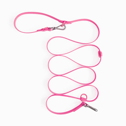 Pink dog leash coiled on a white background