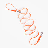 Orange dog leash with metal clips on a white background
