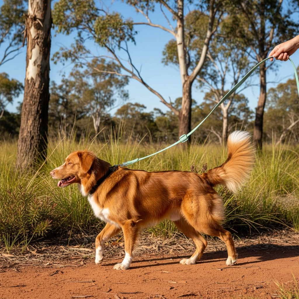 Dog on a leash walking outdoors in a natural setting with trees and grass.